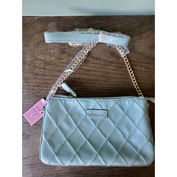 Simply Southern Mint Blue Green Crossbody Bag Gold Chain Quilted Pattern NWT - Picture 1 of 11